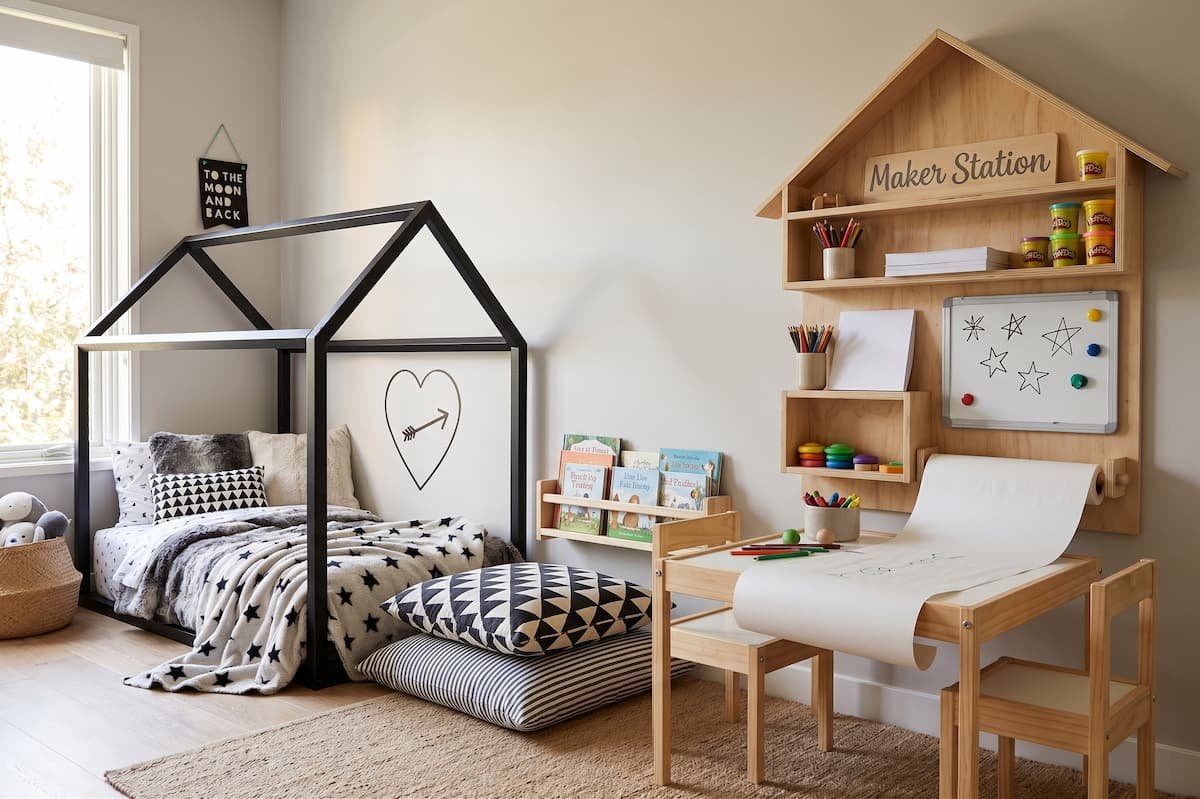 Mesa infantil con rollo de papel para pintar, pizarra y estanteria de madera junto a cama casita estilo nordico.