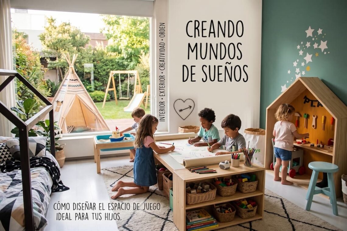 Rincon de juegos infantil con casita de madera, pared verde decorada con estrellas y juguetes de madera.
