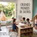 Rincon de juegos infantil con casita de madera, pared verde decorada con estrellas y juguetes de madera.