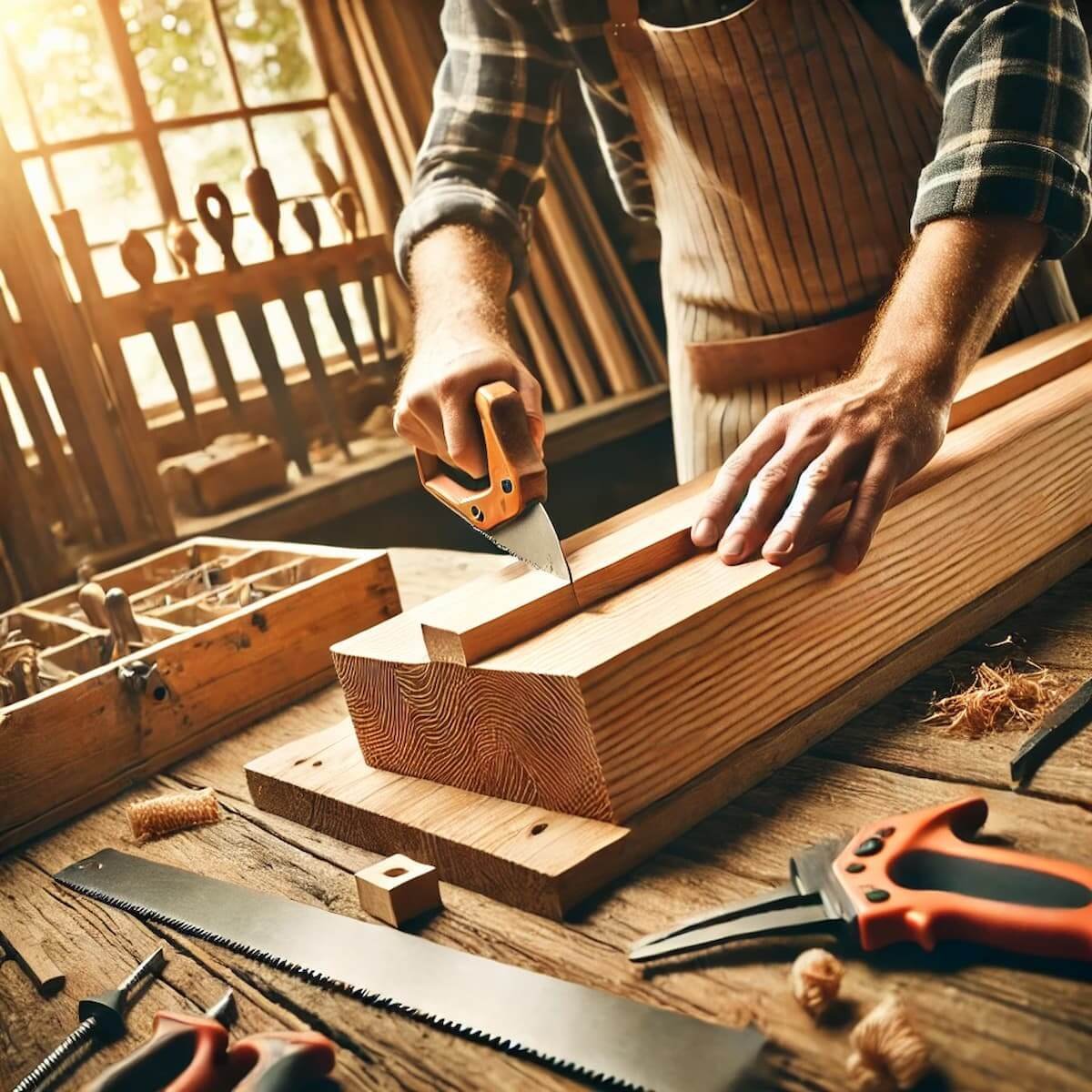 Escena de carpintería mostrando herramientas tradicionales y un ambiente profesional, enfocada en madera