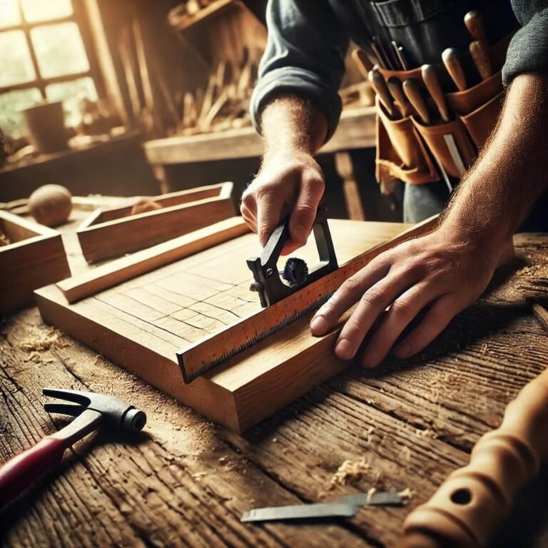 Taller de carpintería iluminado con un carpintero trabajando cuidadosamente en un proyecto de madera