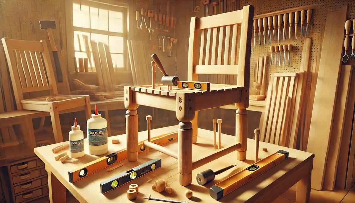 Proceso de ensamblaje de una silla de madera con espiguillas, cola blanca y verificación de nivelado con herramientas manuales
