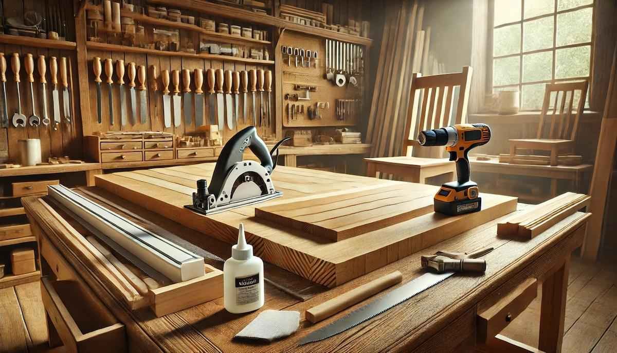 Preparación de piezas y herramientas esenciales para construir una silla de madera en un taller de carpintería.