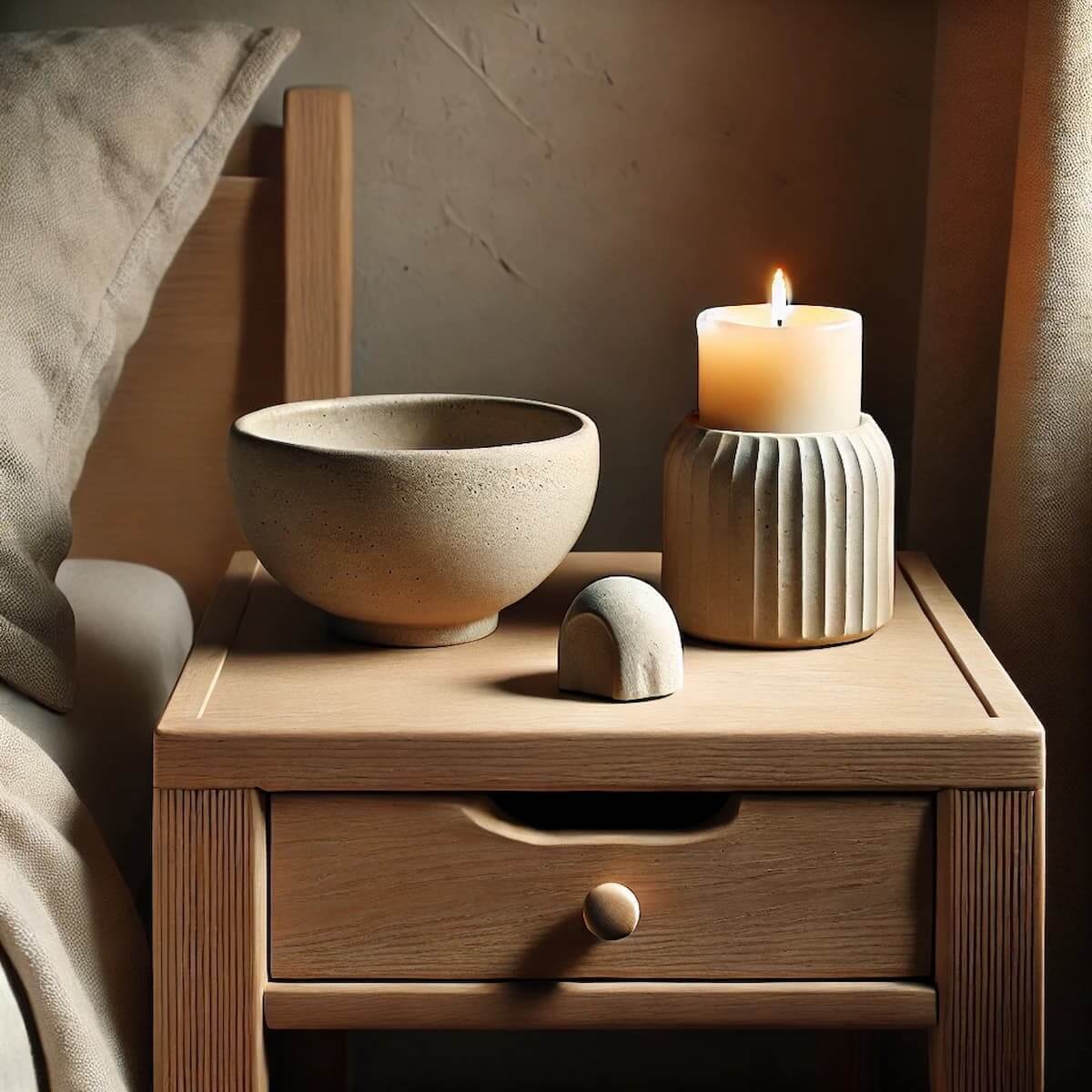Inspiración de mesa de noche con estética Wabi-Sabi y luz cálida ambiental