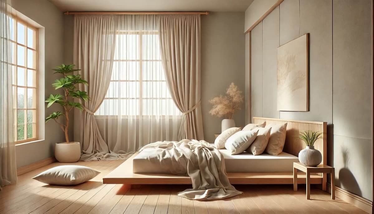Dormitorio moderno decorado con estilo Japandi en tonos neutros y muebles de madera clara