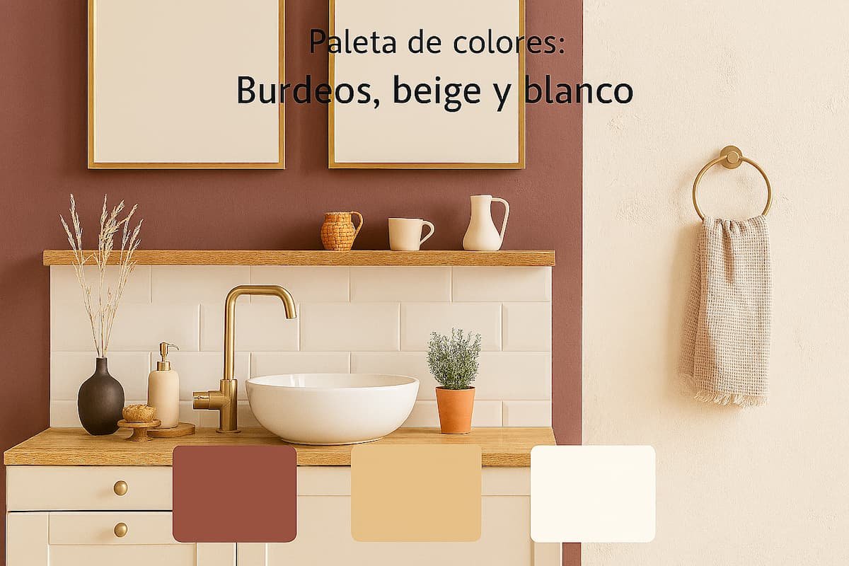 Baño moderno con paleta burdeos, beige y blanco, decoración minimalista y detalles en madera