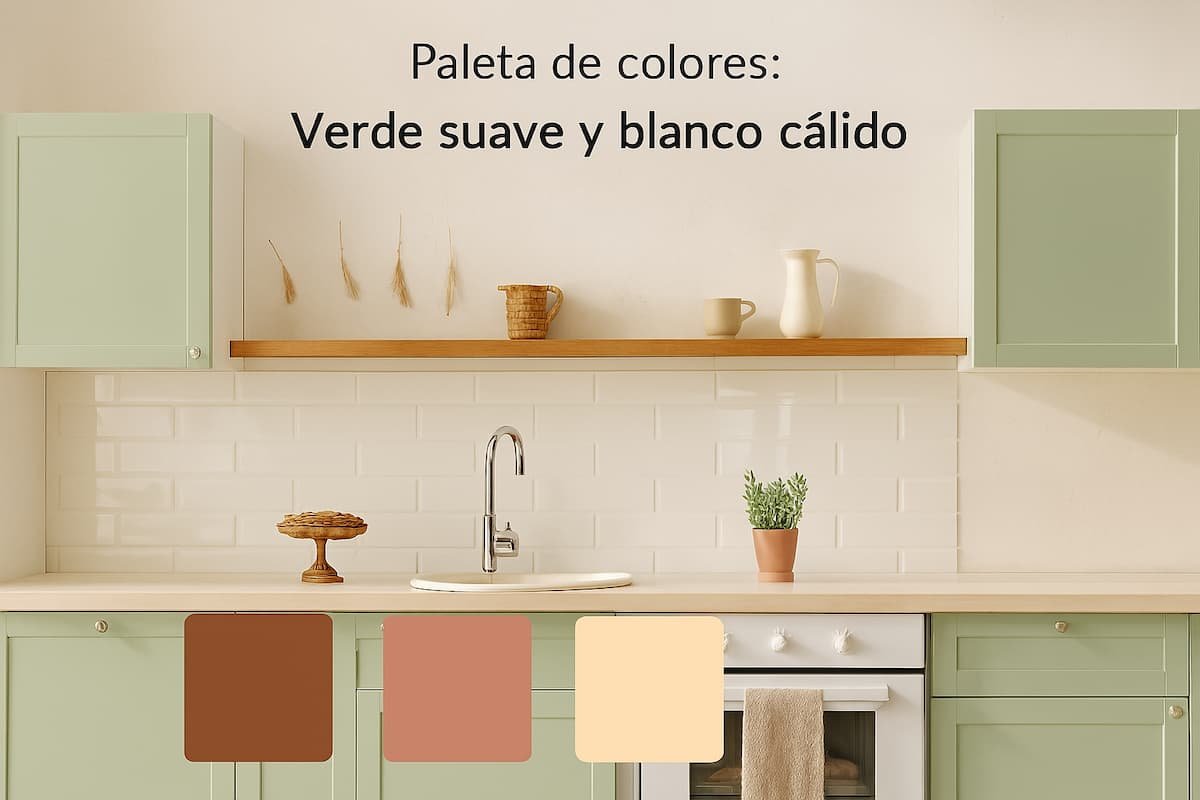Cocina luminosa con paleta verde suave y blanco cálido, estantería de madera y decoración natural