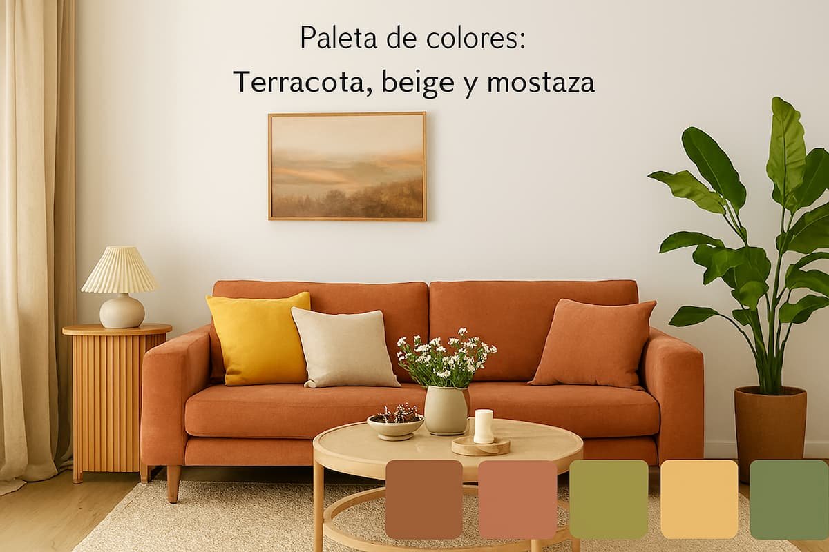 Sala de estar con sofá terracota, cojines mostaza y decoración vegetal en tonos cálidos y naturales