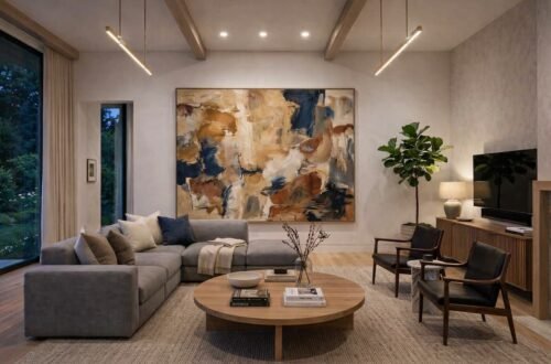 Sala contemporánea con cuadro de gran formato como elemento decorativo principal, iluminación cálida y decoración en tonos neutros