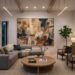 Sala contemporánea con cuadro de gran formato como elemento decorativo principal, iluminación cálida y decoración en tonos neutros