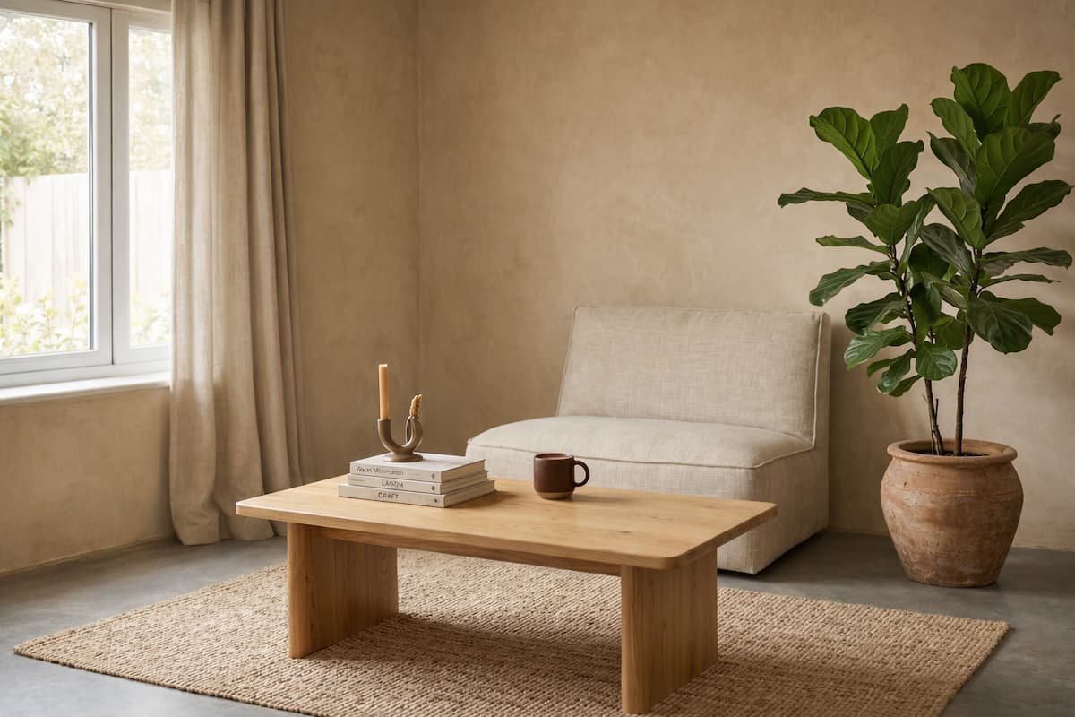 Un primer plano de una sala de estar moderna y relajante de estilo Japandi, que presenta un sofá beige de perfil bajo adornado con cojines texturizados en tonos terracota, óxido y beige. Una mesa de centro de madera de roble claro se asienta sobre una alfombra de yute texturizada, con tazas de cerámica, libros de diseño y una vela encendida. Una gran planta Fiddle Leaf Fig en una maceta de terracota rústica se encuentra junto a la ventana.