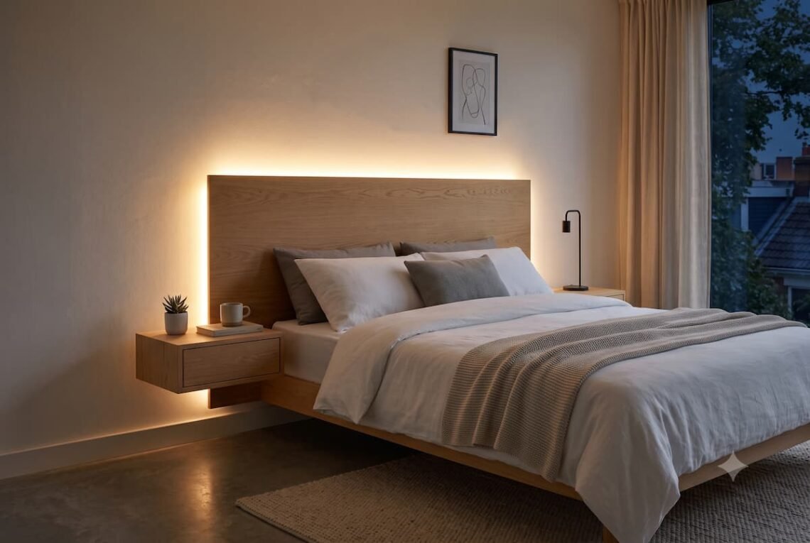 Cabecero de cama flotante hecho de madera de roble con iluminación LED cálida oculta y retroiluminada en una habitación minimalista moderna durante la noche.