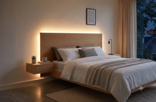 Cabecero de cama flotante hecho de madera de roble con iluminación LED cálida oculta y retroiluminada en una habitación minimalista moderna durante la noche.