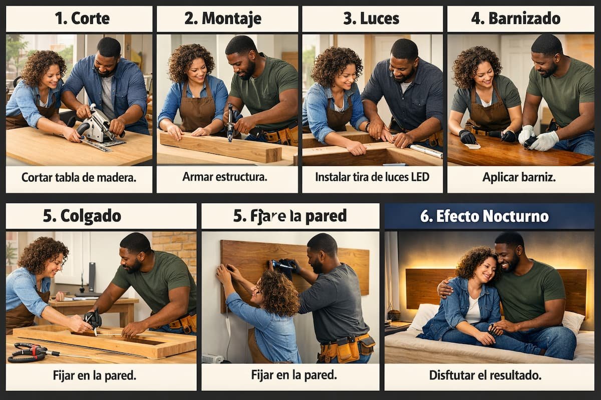 Infografía realista en seis paneles que muestra el proceso paso a paso para construir un cabecero flotante de madera, protagonizado de principio a fin por la misma pareja. Los pasos incluyen: medición del panel, montaje del bastidor trasero, instalación de la tira LED, barnizado colaborativo, colgado en la pared y el resultado final iluminado por la noche.
