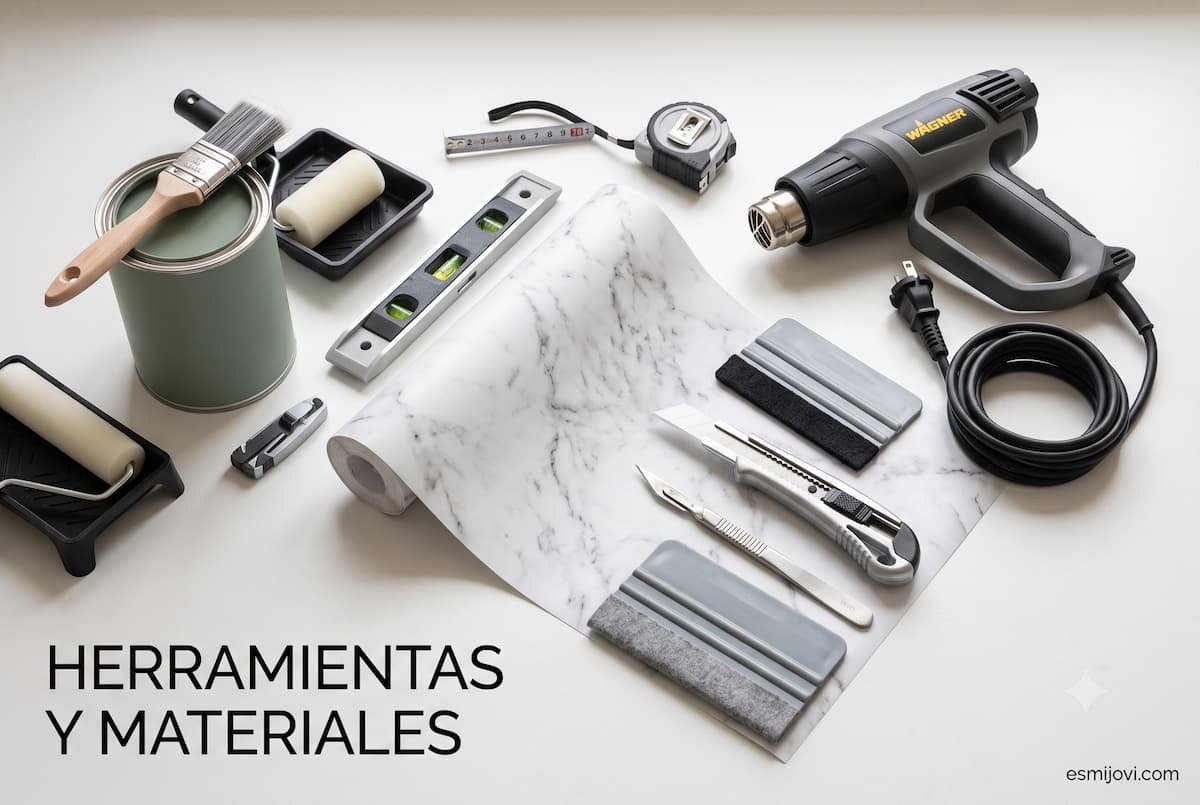 Bodegón de herramientas y materiales DIY para renovar cocinas: rodillo de espuma, brocha, cúter de precisión, pistola de calor, cinta métrica, y rollos de vinilo arquitectónico imitación mármol y color verde salvia, con la etiqueta 'HERRAMIENTAS Y MATERIALES'.
