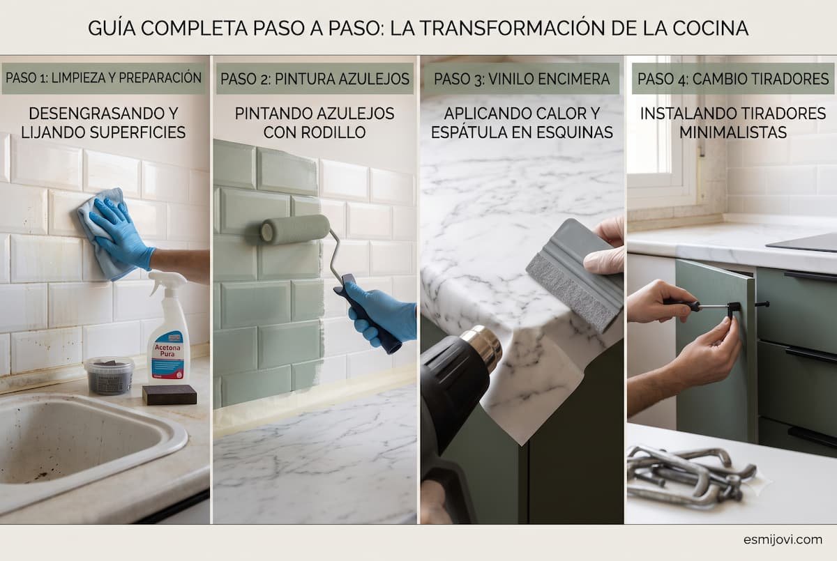 Guía visual de 4 pasos para renovar cocina sin obras: 1. Limpieza y preparación de azulejos originales; 2. Pintura de azulejos con rodillo; 3. Aplicación de vinilo imitación mármol en encimera con pistola de calor; 4. Instalación de tiradores perfil negro mate en muebles verde salvia.