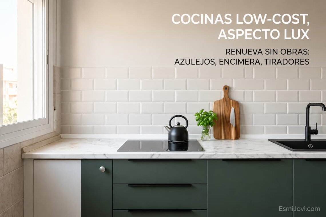 Comparación de renovación de cocina sin obras con pintura blanca para azulejos, encimera de vinilo imitación mármol calacatta, muebles verde salvia y tiradores perfil negro mate.