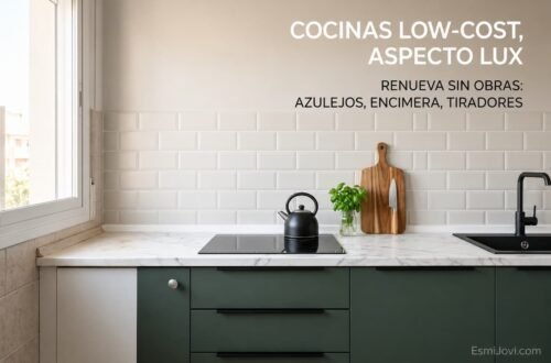 Comparación de renovación de cocina sin obras con pintura blanca para azulejos, encimera de vinilo imitación mármol calacatta, muebles verde salvia y tiradores perfil negro mate.