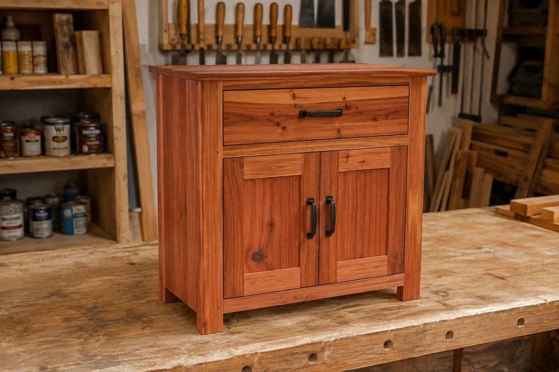 Mueble auxiliar de madera de estilo rústico con un cajón superior, dos puertas y tiradores metálicos, fabricado artesanalmente en un taller de carpintería.