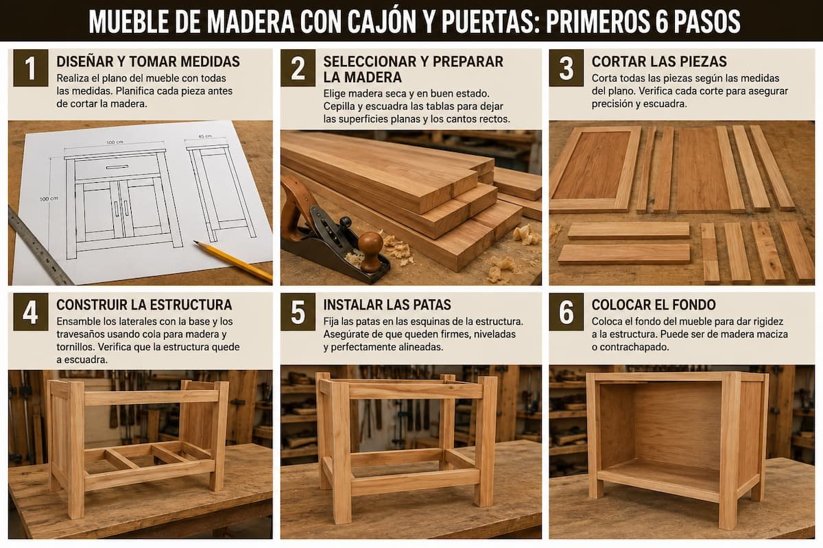 Infografía que muestra los primeros seis pasos para fabricar un mueble de madera con cajón y puertas, desde el diseño y preparación de la madera hasta el montaje de la estructura y colocación del fondo.