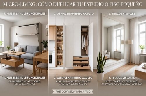 Infografía fotorrealista sobre optimización de espacios pequeños (micro-living) dividida en tres secciones: mobiliario multifuncional con sofá y cama abatible, almacenamiento oculto con armarios hasta el techo y despensa extraíble, y trucos visuales con un espejo gigante y tonos claros.