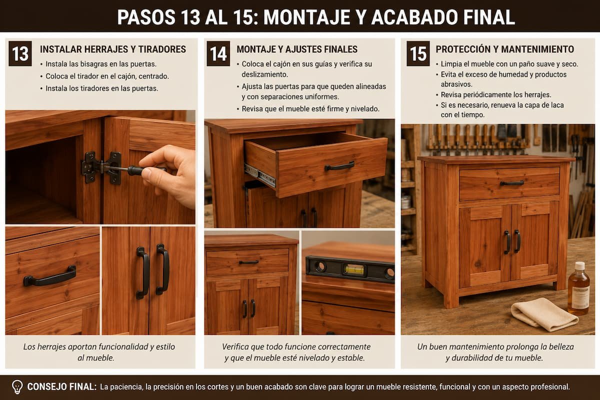 Infografía con los pasos finales para fabricar un mueble de madera, incluyendo la instalación de bisagras y tiradores, los ajustes finales del cajón y las puertas, y las recomendaciones de protección y mantenimiento.