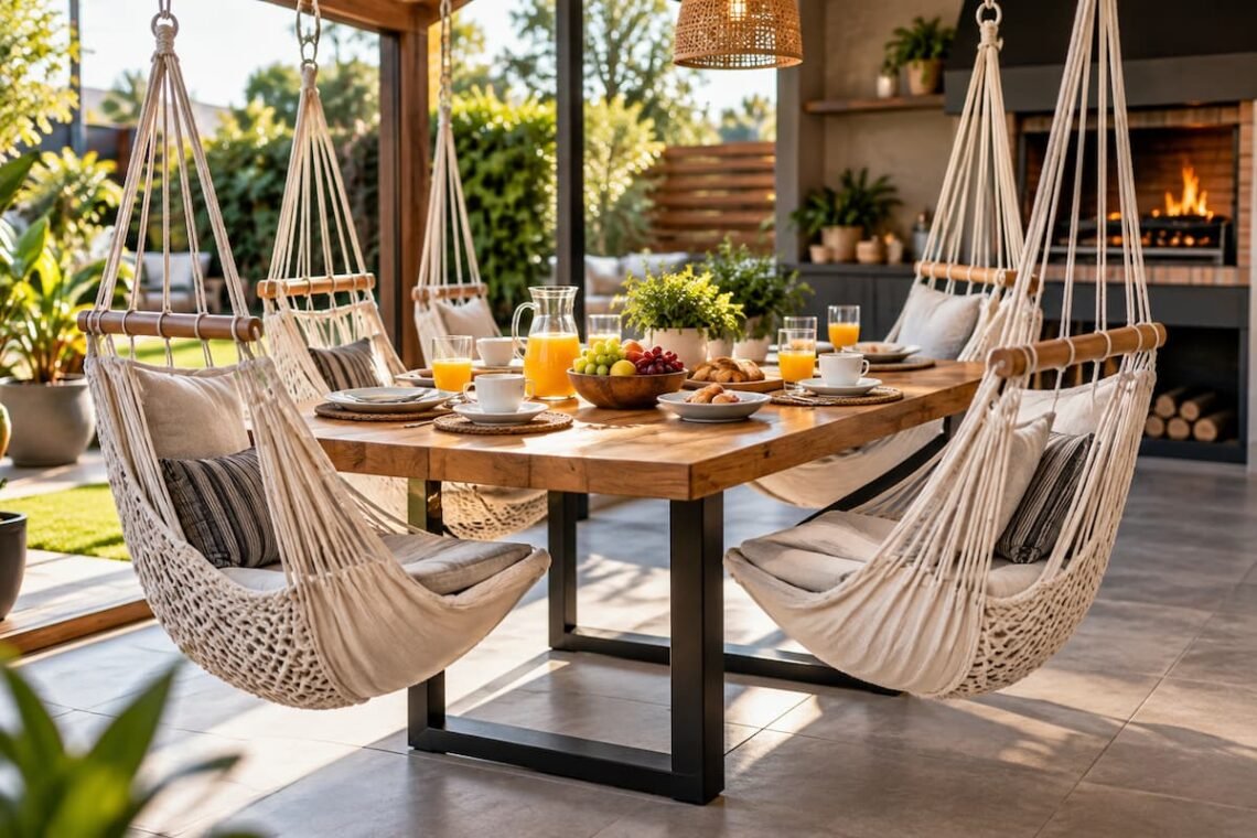 Mesa con asientos tipo hamaca para desayunar y comer al aire libre