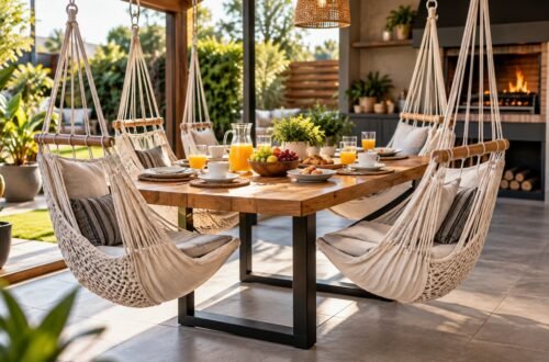 Mesa con asientos tipo hamaca para desayunar y comer al aire libre