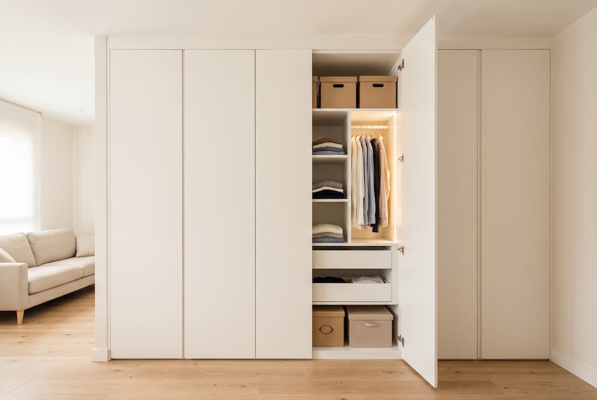 Un armario empotrado de suelo a techo en un apartamento pequeño, con puertas lisas de color blanco cálido sin tiradores que se mimetizan con las paredes. Una de las puertas está abierta, revelando un interior perfectamente organizado con estantes, cajas de almacenamiento y ropa colgada, mientras el resto de la estructura se mantiene integrada visualmente con el espacio de la sala de estar.