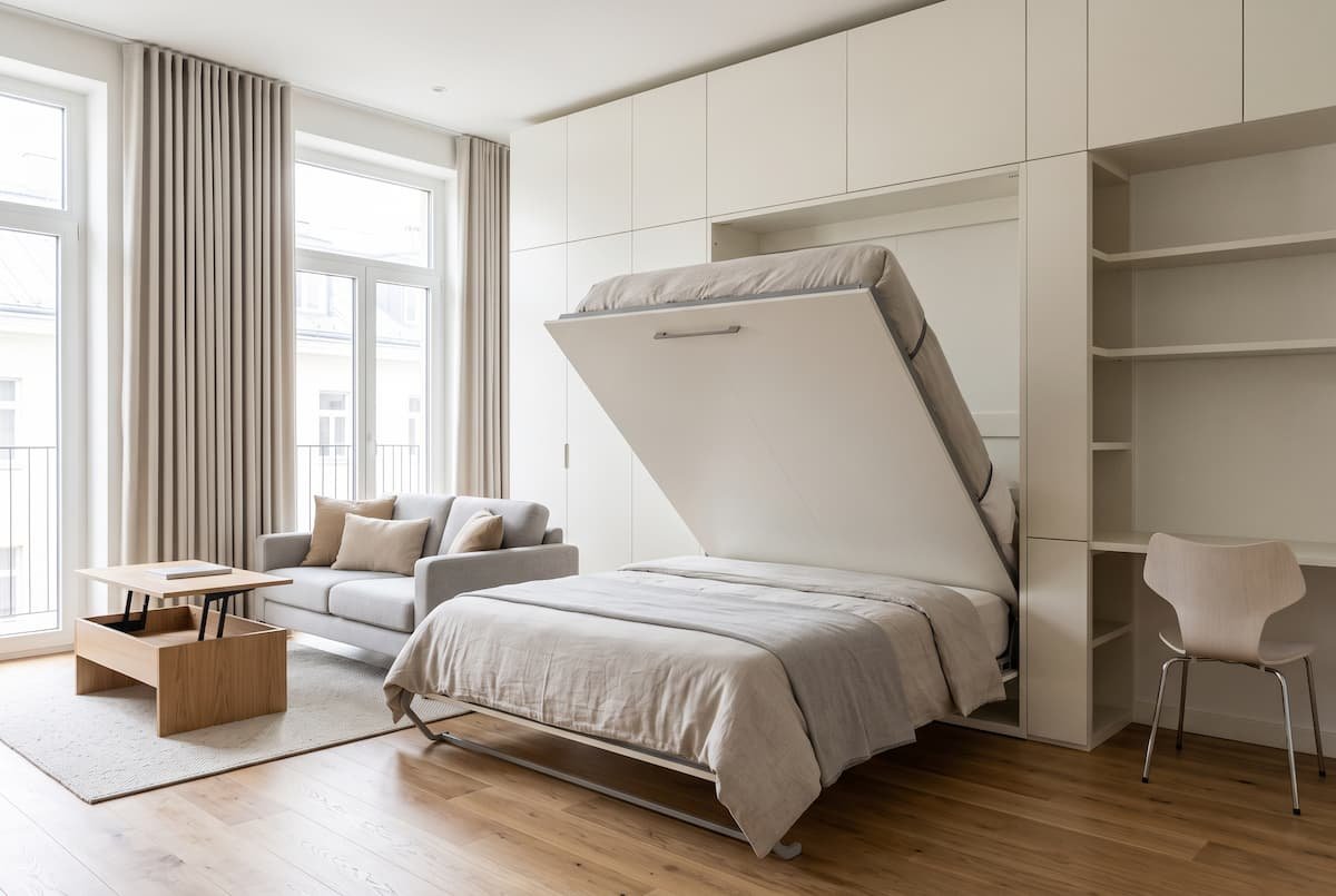 `Una cama Murphy abatible de tamaño doble a medio desplegar en un apartamento pequeño, mostrando cómo se integra perfectamente en un gran sistema de armarios a medida de color blanco cálido. A la izquierda se observa un sofá gris con una mesa de centro elevable sobre una alfombra, mientras que a la derecha se aprecia un escritorio integrado con estanterías, todo en un ambiente luminoso con suelo de madera y grandes ventanales.